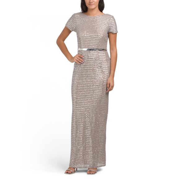 ADRIANNA PAPELL Silver Sequin Faux Belt Dress